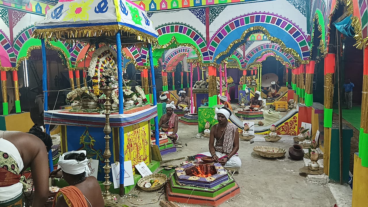 Colorful mandap decorated for puja ceremony